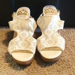 Fergalicious white lace wedges